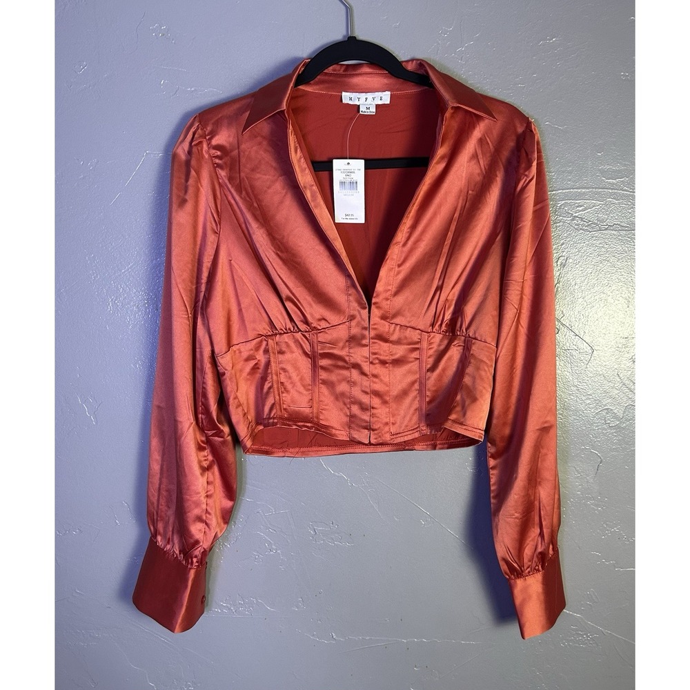 Hyfve bright coral satin crop top collared neckline New Size M - Picture 1 of 10